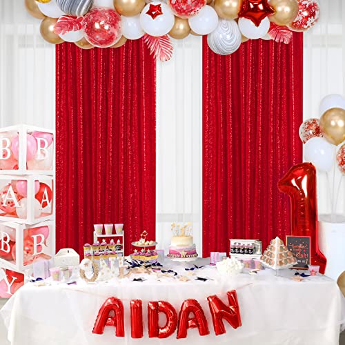Image of Red Sequin Backdrop Curtains-4 Panels 2FTx8FT Red Backdrop for Valentines Day, Glitter Party Decorations Background Drapes for Wedding Birthday Anniversary Graduation Photo Booth Decor