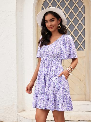 Image of UEAL Womens Cute Floral Smocked V Neck Flutter Sleeve Sundress with Pockets Casual Spring Summer Dresses for Women 2026
