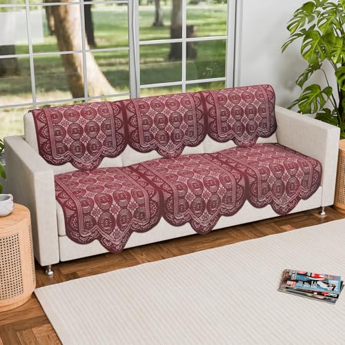 Image of Kuber Industries (Set of 6) Stylish & Durable Cotton Sofa Covers 3 Seater | Washable Sofa Protector /Mat | Suitable Slipcover for Living Room & Office | Plain Circle - Maroon