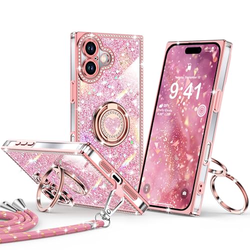Coque antichoc iPhone 17 rose à strass avec support double anneau et cordon de transport