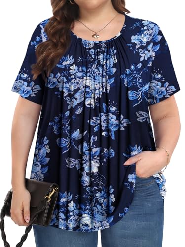 Womens Plus Size Tops Summer Shirts Tunic Short Sleeve Crew Neck Loose Fit Blouse 1X-5X