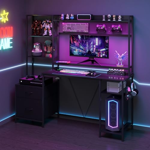 Advwin Gaming Desk with LED Lights & Power Outlets Reversible Computer Desk with Hutch, Pegboard, and Drawers Large PC Gaming Table with Monitor Stand Black
