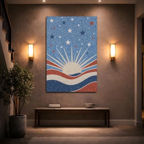Toile abstraite soleil et étoiles rouge blanc 30x45 cm vertical pour console - 2