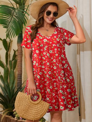 Image of ZENNILO Women's Plus Size Swing Dress with Pockets Casual Summer Dresses V Neck Short Sleeve T Shirt Dress for Women
