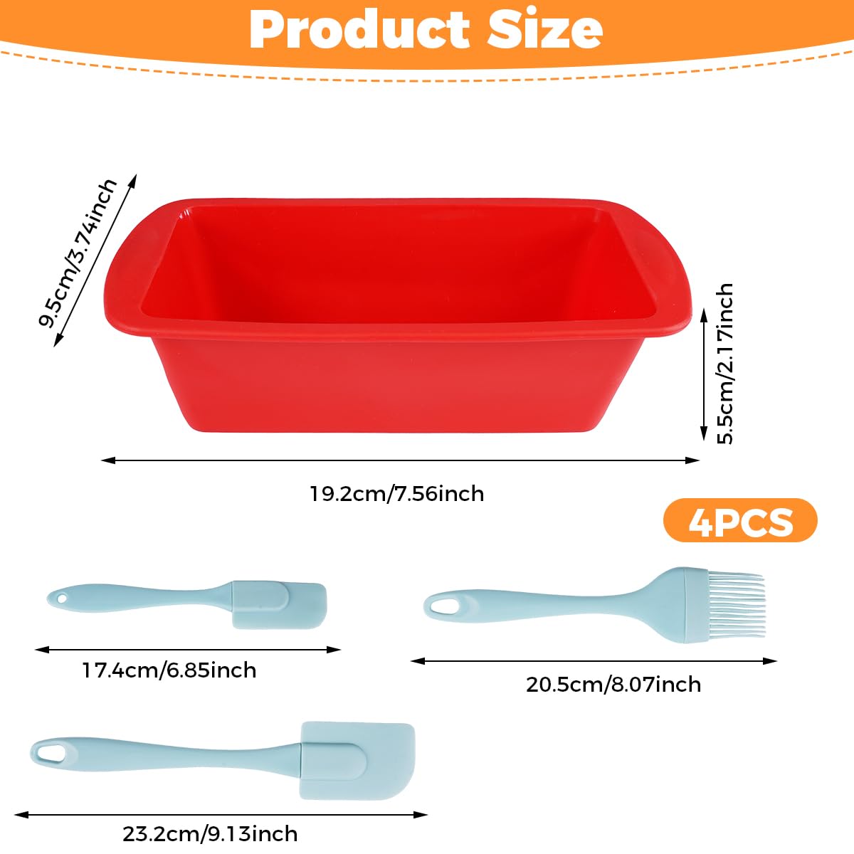 4 Piezas Rectangular Molde Silicona Horno, 19,2 x 9,5 x 5,5 cm Moldes de Silicona para Hornear Pan, Reutilizable Molde Bizcocho Antiadherente con Raspador de Masa para Hacer Pan, Pasteles, Tostadas — view 2
