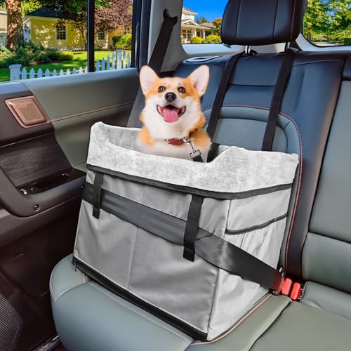 Vivifying Hunde Autositz - Hundesitz Auto Rückbank, Sicherer und Stabiler Autositz Hund mit Gurtbefestigungshaken und Plüschkissen für Hunde bis 11 kg 41x33x36 cm (Grau)
