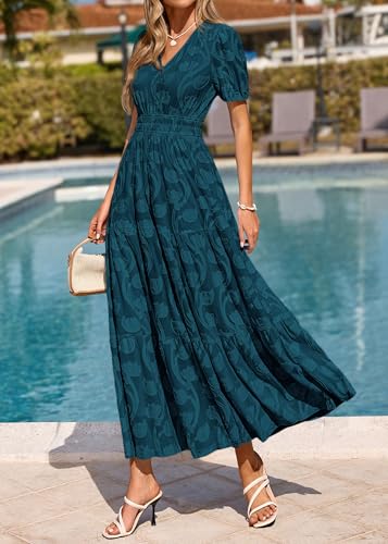 Image of KIRUNDO Summer Dresses for Women 2026 Boho Flowy Casual Short Sleeve V Neck Elastic Waist Floral Long Baby Shower Maxi Dress