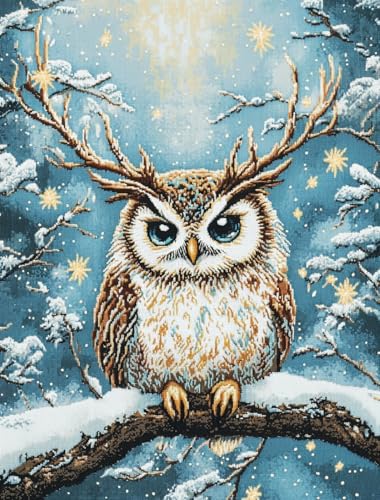 DIY Cross Stitch Kit for Beginners Owl with Antlers Whimsical Pastel Colors 11CT Embroidery Kit with