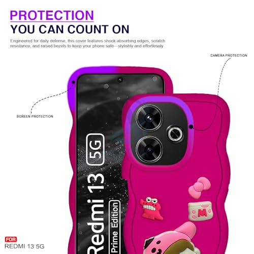 Image of AESTMO Back Case Cover for Redmi 13 5G | 3D Cute Fun Cartoon Characters | Anti Slip Grip Cute Wave Curly Frame Shape | Full Body Protection | Camera Protection Back Cover for Redmi 13 5G (Pink)