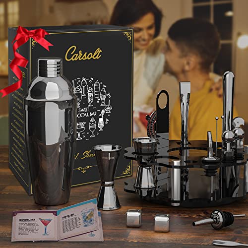 Carsolt Bartender Kit With Rotatable Stand, 19-Piece Bar Set Cocktail Shaker Set 25 Oz Martini Shaker For Drink Mixing, Professional Stainless Steel Bar Tools Set Gift For Home, Bar, Party (Black) #TOP5