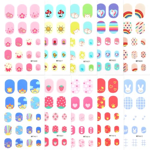 Qianyu 180 Pcs 10 Sheets Colorful Full Nail Stickers Wraps Cartoon Nail Art Stickers Cute DIY Self Adhesive Kids Nail Polish Sticker Decal for Kid Christmas Holiday Nail Decor