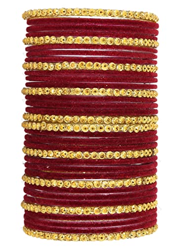 Image of NMII Premium Glass & Golden Beads Velvet Bangle Set For Women and Girls | Velvet Chudi | Traditional Chudi Set | Designer Girl's Bangles Bracelet | Wedding, Party, Festive, Daily- Set of 34