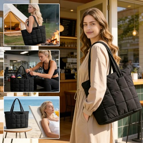 Bolso tote acolchado para mujer, ligero, negro con cremallera, ideal para trabajo, viaje, gimnasio y uso diario miniatura 2