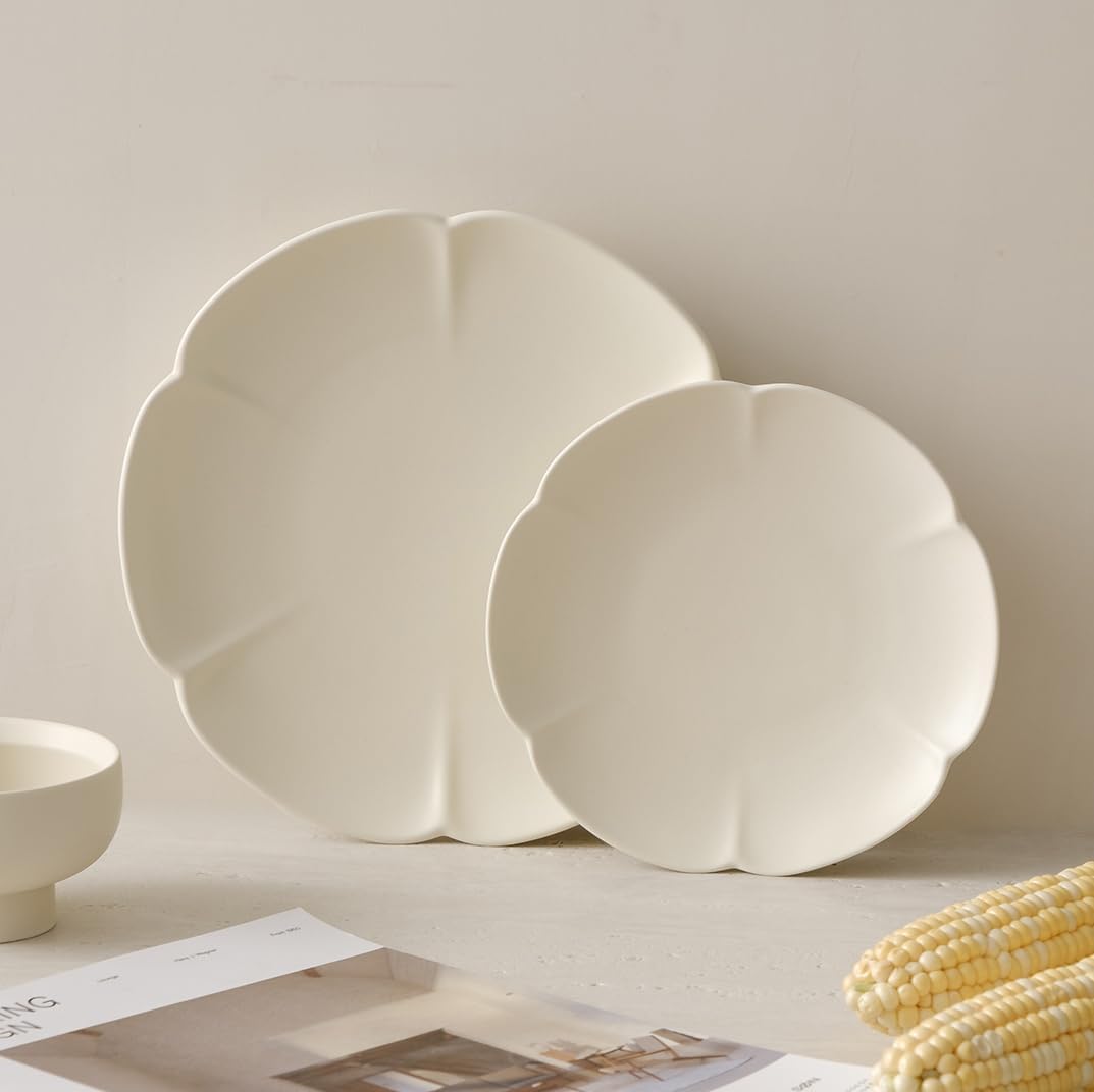 WENSHUO Petals Dinner Plates Set of 6, 8-inch Round, Matte Crème (8 Inch) (8 Inch)