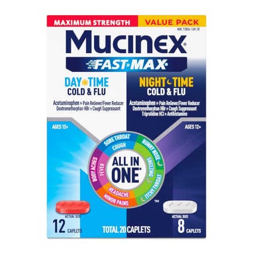 Mucinex Fast-Max Maximum Strength Day & Night Cold and Flu Medicine for Adults, Powerful Over-the-Counter Medication for Cold & Flu Symptoms, Fast Release Caplets, 20 Count - image 1