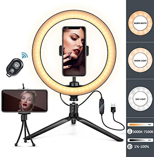 10" LED Ring Light with Tripod Stand & Phone Holder, Dimmable Desk Makeup Ring Light 3 Light Modes，Remote Control for iPhone & Android, Perfect for Selfie Live Streaming & YouTube Video Photography