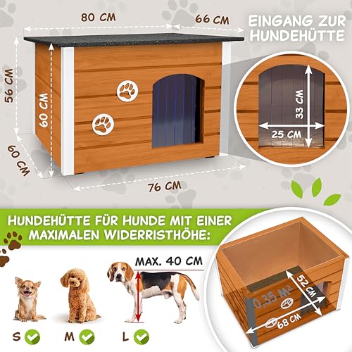 Outentin Hundehütte Outdoor Winterfest - Hundehaus für Mittelgroße Hund - Isoliert und Wetterfest - Hunde Haus für Draußen mit zum Öffnen Flachdach - Stabile und Moderne Villa - 76 x 60 x 60cm -Eiche