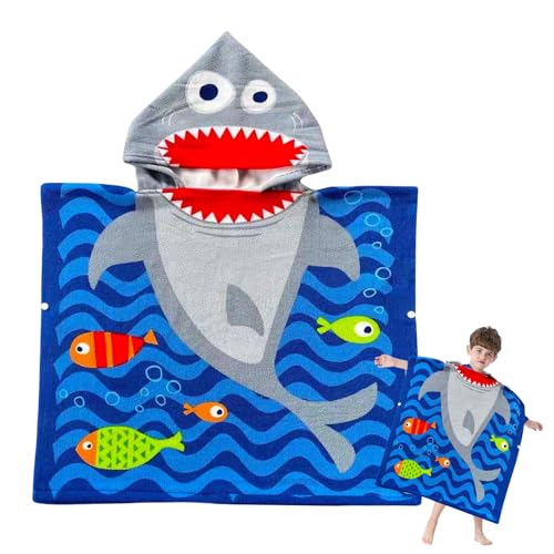 Image of Kids Hooded Poncho Towels Blue Shark Beach Towel with Hooded for Boys,60*90cm Bath Towel Poncho Beach Changing Robe for 5-7 th Old Boys,Polyester Terry Ringspun Poncho Towel for Kids Swim Pool Holiday