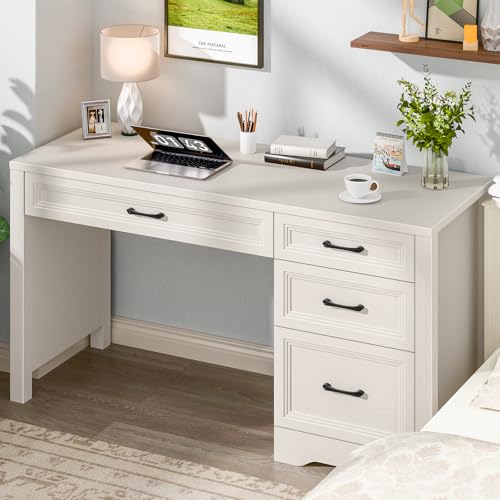 Image of Vabches Farmhouse Executive Desk with Storage and Ample File Drawer, Rustic Large Home Writing Desk for Bedroom, Pure White
