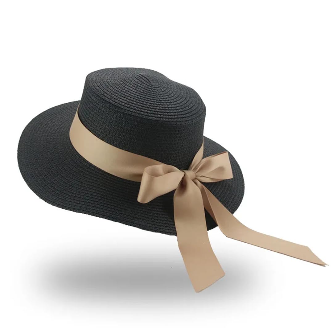 Yeuyyben Cappello da pescatore estivo da donna, cappello da spiaggia, cappelli di paglia per le donne con fiocco a nastro con parte superiore piatta elegante cappelli di paglia Sombrer