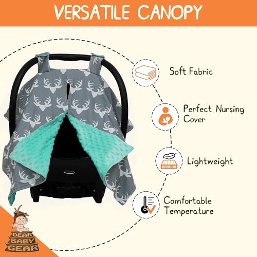 Image of Dear Baby Gear - 40x30 Car Seat Canopy, Infant Carrier Cover for Boys & Girls, Cozy Fall Baby Gift, Nursing & Stroller Use, Newborn Travel Sunshade Accessory, Antlers on Gray, Mint Dot