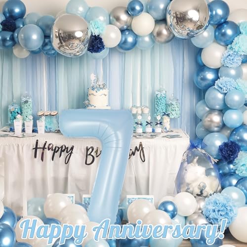 Image of Light Blue Number 7 Balloon, 40 Inch Big Large Foil Number Balloons, Giant Mylar Number 7 Balloons for 7 Year old Birthday Baby Party Decorations Supplies Anniversary