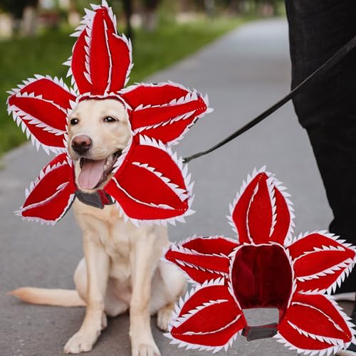 Abbylike 2 Pieces Halloween Demon Dogs Costumes Demogorgon Puppy Cosplay Headband for Medium Large Cute Pet Outfits Flower Hat Headgear for Dog Cat Pet Halloween Outfit Cosplay Props Gifts