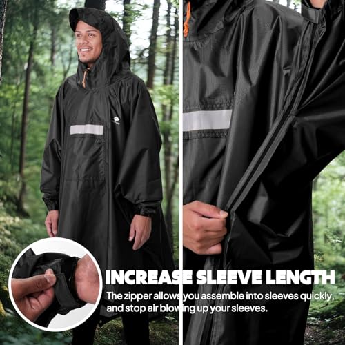 ANYOO Wasserdichter Regenponcho Winddichter Regenmantel mit Seitlichem Reißverschluss, Leichter Regenjacke mit Verstellbaren Ärmeln für Outdoor Wandern Radfahren, Einheitsgröße, Schwarz