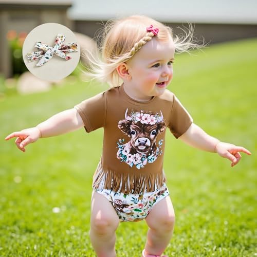 Infant Toddler Western Baby Girl Outfit Cowgirl Tassel T-Shirt Top Cow Print Bloomer Shorts Set Cute Country Clothes3