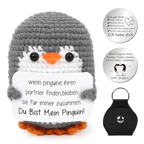 Mini Pinguin Ich Liebe Dich Geschenke, Jahrestag Geschenk für Frauen, Strickwolle Pinguin Puppe mit Liebesmünzen Karte, Pocket Hug Pinguin, Romantische Geschenk für Ehefrau Hochzeitstag Valentinstag