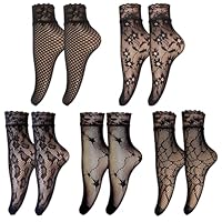 arrderly 5 Paar Fischnetz-Knöchelsocken - Sexy Spitze Kurze Strümpfe für Frauen & Mädchen Stilvolle Pop-Socken, Schwarz , Einheitsgröße