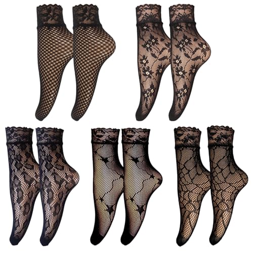 arrderly 5 pares de calcetines tobilleros de red, medias cortas de encaje sexy para mujeres y niñas, elegantes calcetines pop, Negro, Altoa única