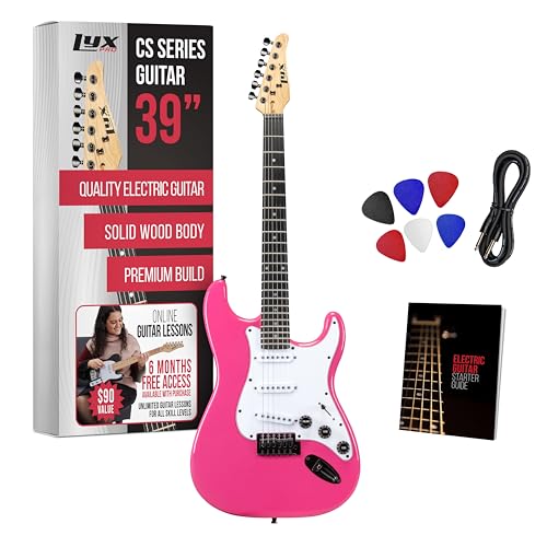 LyxPro CS 39” Electric Guitar Kit for Beginner, Intermediate & Pro Players with Guitar, Amp Cable, 6 Picks & Learner’s Guide | Solid Wood Body, Volume/Tone Controls, 5-Way Pickup - Pink