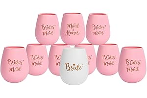 Bridesmaid Party Cups, Set of 10 Silicone Wine Cups (White for Bride, Pink for Bridesmaids)