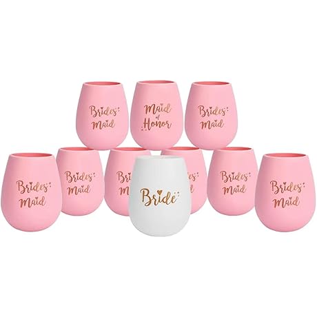 Bridesmaid Party Cups, Set of 10 Silicone Wine Cups (White for Bride, Pink for Bridesmaids)