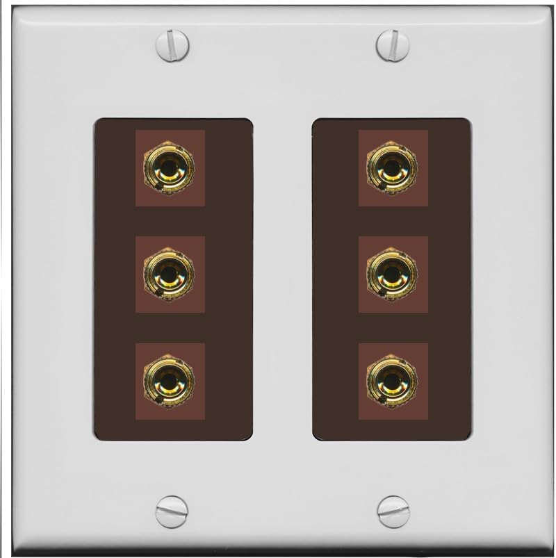 RiteAV 6 Banana 3 Speaker Surround Female Coupler Binding Post Wall Plate - 2 Gang [Light-Almond]