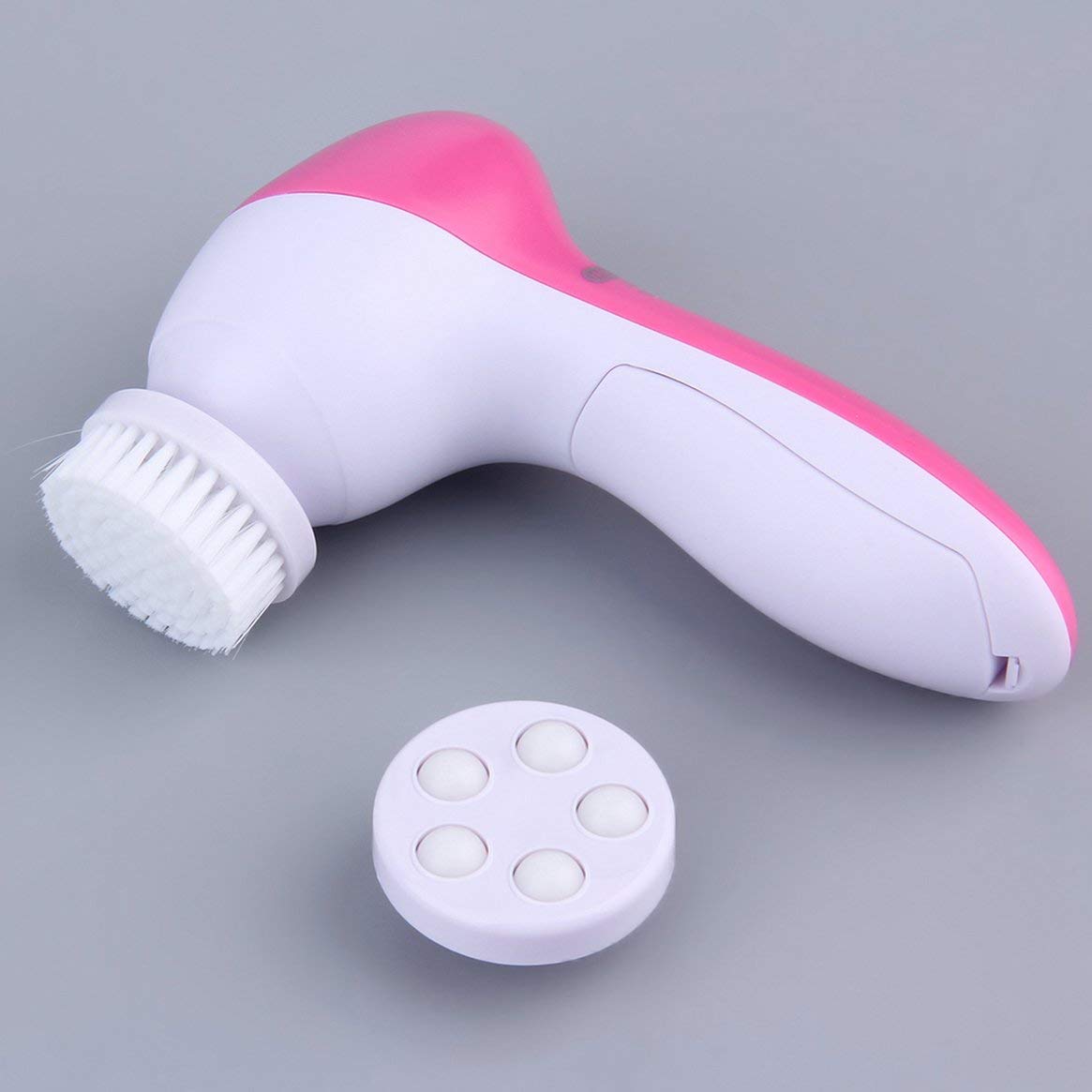 Showay 5 In 1 Body Face Skin Care Cleaning Wash Brush Spa Facial Beauty Relief Massage With Latex Soft Sponge Rolling Massager, Pink, Lc-5N1Brush-Pk-03