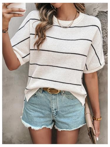 Image of Verdusa Women's Short Sleeve Loose Pullovers Lightweight Striped Knitwear Sweater Top Black and White Large