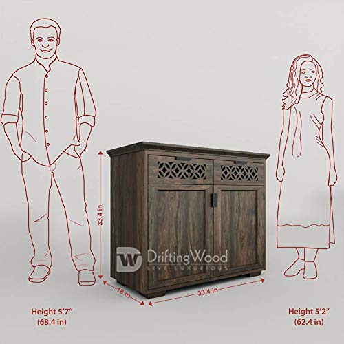 Image of DRIFTINGWOOD Solid Sheesham Wood Sideboard Tv Cabinet for Living Room | Free Standing Movable Tv Unit Side Board Table with 2 Drawer & 2 Door Cabinet Storage Furniture for Home | Walnut