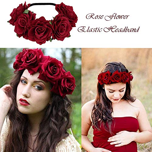 Rose Flower Crown Wedding Festival Headband Hair Garland Wedding Headpiece Floral Headband Hair Wreaths for Hawaiian Holiday Party Halloween Christmas Headpiece for Women,Girls (Rose Red)