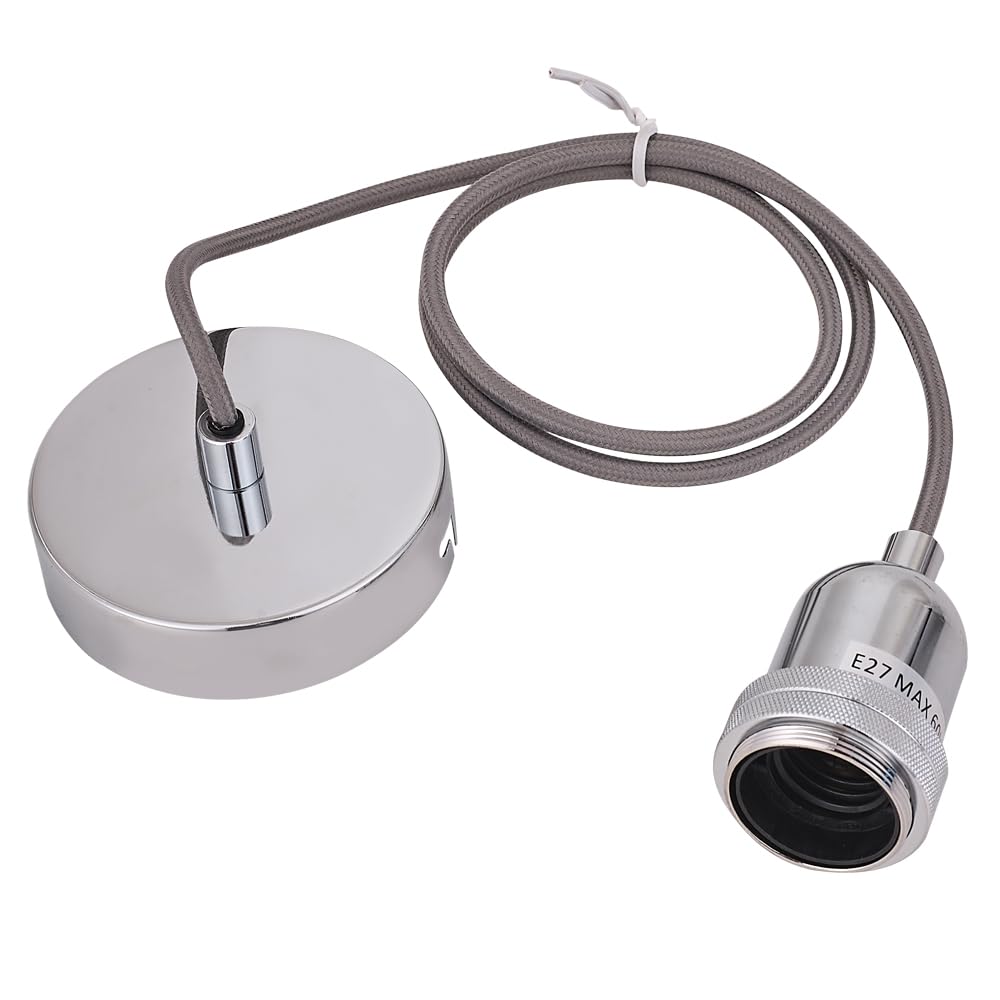 COZZY Chrome Ceiling Pendant Light Fitting, Plated Aluminum E27 Screw Lamp Holder with Ring for Lock Shade, 1000MM Brown Braided Flex, Suspended Pendant Ceiling Rose.82001CHR