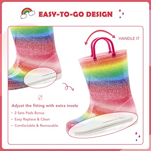 Euxterpa Toddler-Kids Waterproof Light Up Rain Boots Patterns And Glitter Boots With Handles For Girls Little Kid Size 3 Rainbow #TOP3