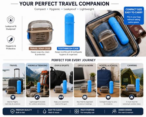 Image of Sunflower Travel Soap Case for Bathroom & Travel | Leakproof Portable Soap Holder Box with Toothbrush & Toothpaste Storage case | Plastic Soap Container with Lid | Soap Storage Box (Clear and Blue)