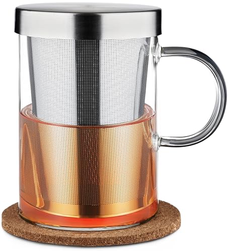Cosumy Tasse à The avec Infuseur - Mug à The avec infuseur et Couvercle - Tisanière avec Soucoupe - Infuseur thé Verre Borosilicate - Mug avec Passoire de 400ml
