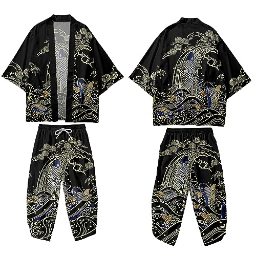 Image of DOSLAVIDA Men's Japanese Kimono Jacket Set Stylish Open Front Coat With Shorts Chinese Style Printed Cardigan Suit