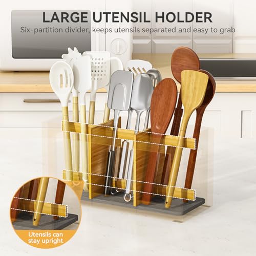 Yofidra Bamboo Utensil Holder & Silverware Organizer: Extra Large Cooking Holder with Absorbing Drying Stone and 6 Compartments Kitchen Countertop Storage Farmhouse Decor Accessories 11.8"X4.7"X5.9" - image 5