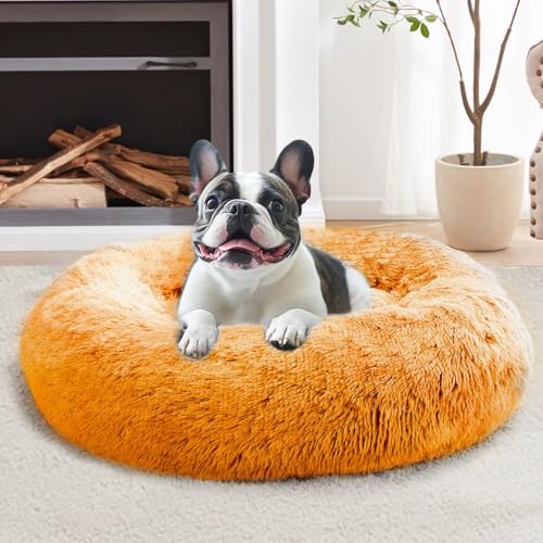Image of JOLLYVOGUE Calming Small Dog & Cat Bed for Indoor Cats - 20 inches Washable Donut Bed for Kittens & Puppies, Anti-Anxiety Round Fluffy Plush Pet Beds (Fits up to 15 lbs, Orange)