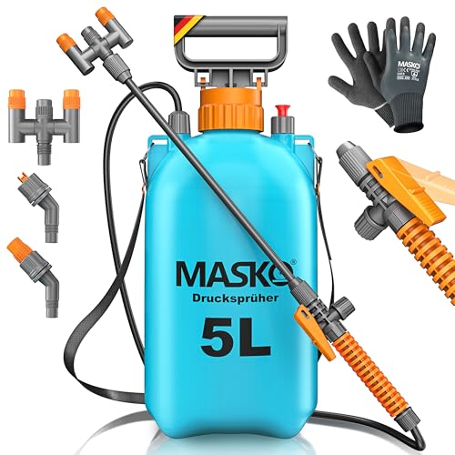 MASKO® Spruzzatore a pressione resistente agli acidi da 5L con ugelli regolabili e tubo da 1,3 m | Spruzzatore per protezione delle piante, giardino e auto | Pompa irroratrice con cinghia per il