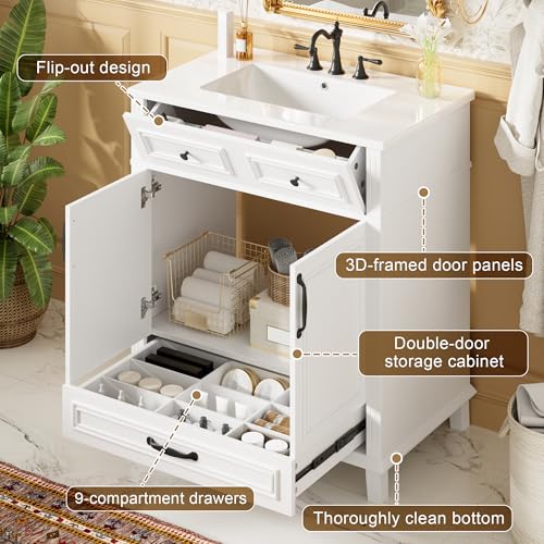 Mueble de lavabo de cerámica REXO de 77 cm con armario blanco de doble puerta 7
