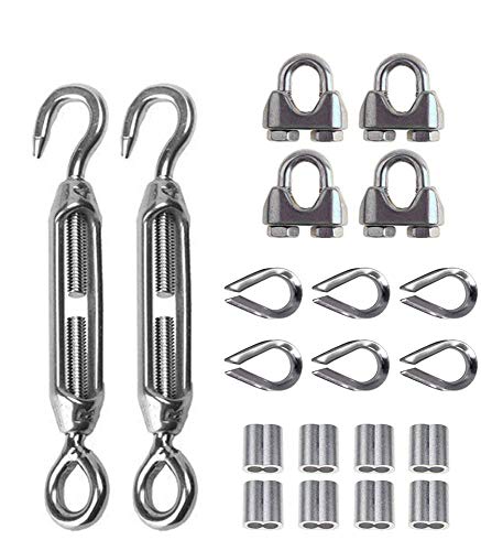 TooTaci kit Tendeur Cable Inox pour 3mm Câble Métallique,2 Pièces M6 Tendeurs, 4 Pièces Serre Cable Inox 3mm, 6 Pièces M3 Cosses de Câble, 8 Pièces M3 Manchons de câble en Aluminium